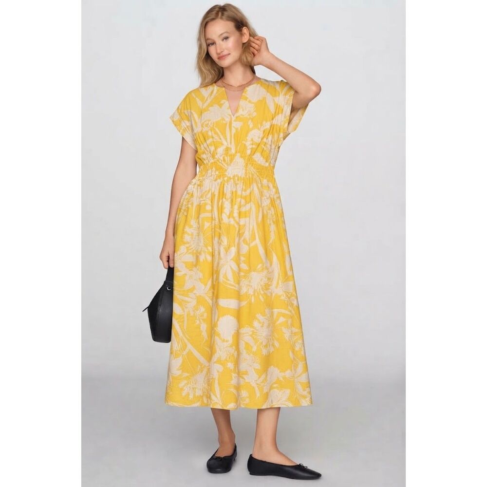 NWT Calvin Klein Yellow and White Floral Smocked Waist Midi Dress Sz 10